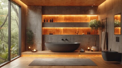  a bath room with a large bath tub next to a window with candles on the side of the bathtub and a potted plant in front of the tub.