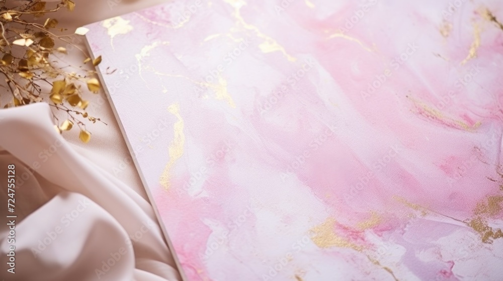 Poster a vibrant pink and gold painting on a white sheet. ideal for adding a touch of color and elegance to