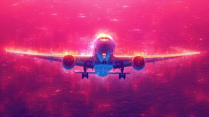  a large jetliner flying through a red sky above the ocean under a star filled sky with pink and red lights on the bottom of the wings and bottom of the wings. - obrazy, fototapety, plakaty