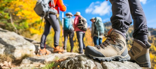 Close up of hiker s shoes in rugged mountain terrain with person hiking in the background