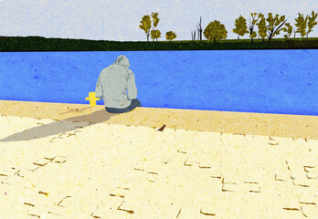 Ilustracja grafika młody człowiek w bluzie z kapturem samotnie siedzący nad brzegiem rzeki. - 724755301