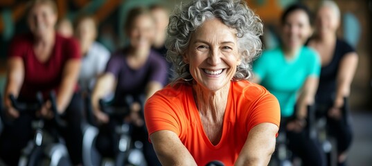 Fototapeta premium Active senior woman with grey hair exercising on exercise bike with group of people in gym