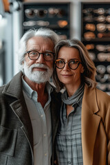A senior couple buying glasses for better vision in eyeglasses store. Generative AI.