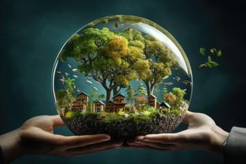 A person is holding a glass ball with a small house inside. This image can be used to represent dreams, aspirations, or the concept of having a home