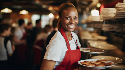 Afro-American waitress carrying plates with food in a restaurant - obrazy, fototapety, plakaty