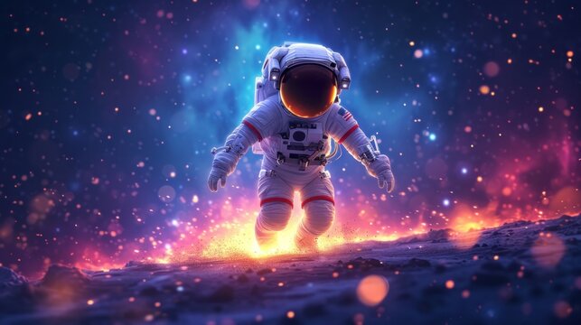  A Painting Of An Astronaut Walking On The Surface Of The Moon With A Bright Blue And Red Light Coming Out Of The Space Between The Two Sides Of The Astronaut's Legs.