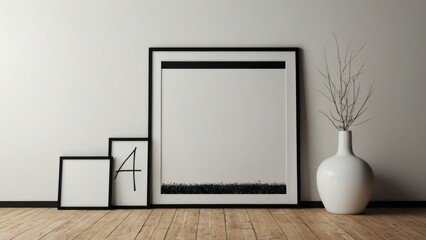 blank vertical black poster frame standing on light wooden floor against white wall, empty picture frame mockup, blank photo frame mock up. generative, ai.