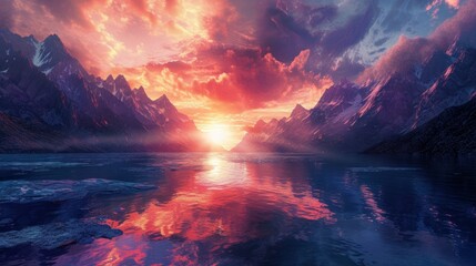 Sunset with mountains in the background and a lake with glacier water in the foreground
