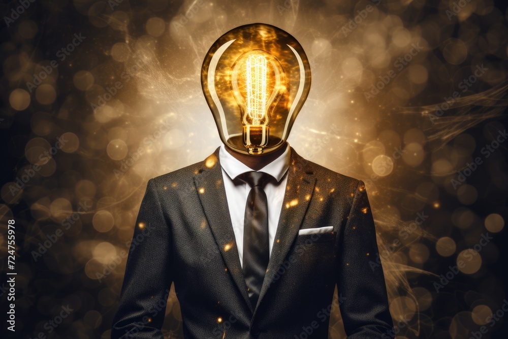 Poster a man wearing a suit with a light bulb placed on his head. this image can be used to represent creat