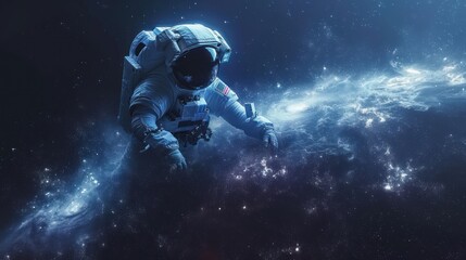  an artist's rendering of an astronaut floating in space in front of a bright blue background with stars and a distant object in the foreground of the image.