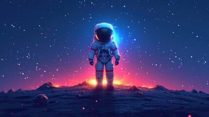 Fototapeta na wymiar a man in a space suit standing on the surface of a planet with stars and a bright light in the middle of the space, with a bright red and blue background.