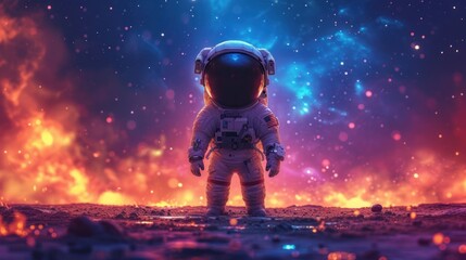  an astronaut standing in the middle of a space filled with stars and a bright purple and blue sky behind him is a bright orange and blue explosion of clouds and blue.
