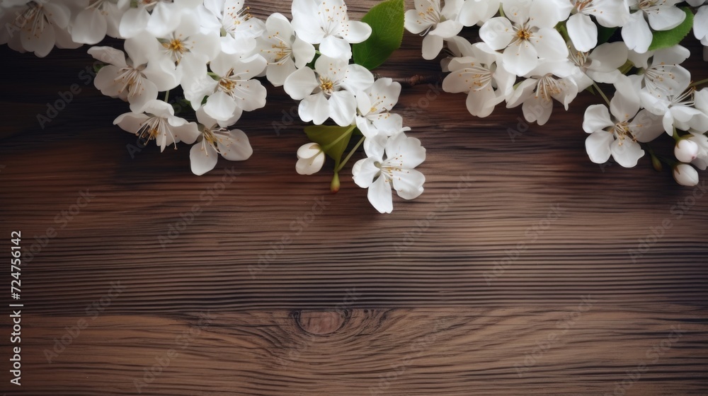 Poster a bunch of white flowers placed on a wooden table. perfect for adding a touch of elegance to any set