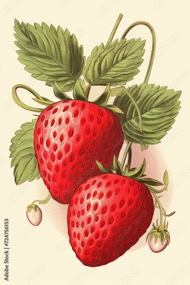 Poster a simple drawing of two strawberries with green leaves. can be used for food-related designs or as a