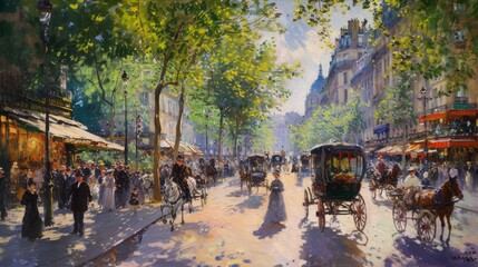 A bustling Parisian street filled with people and carriages on a sunny afternoon - Impressionism - obrazy, fototapety, plakaty