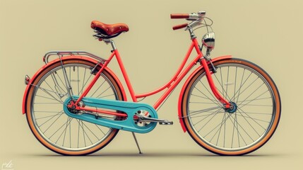  a close up of a red bike with orange rims and a blue frame with a red seat and handlebars and a red seat on a beige background.