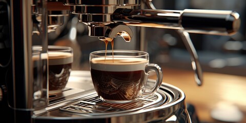 A cup of coffee being poured into a coffee machine. Ideal for illustrating the process of making coffee.