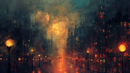 A dreamy midnight cityscape with streetlights glowing in warm tones against a cool sky - Impressionism