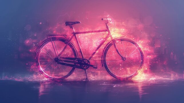  a picture of a bicycle in the middle of a picture of a city with lights in the background and a reflection of the bike on the water in the foreground.