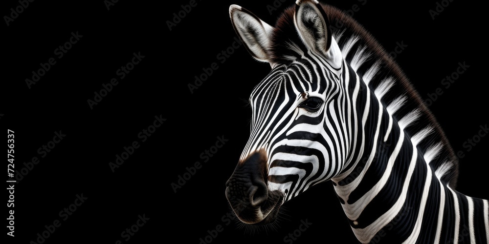 Poster a detailed close-up shot of a zebra's head against a black background. suitable for various uses