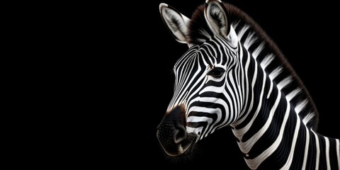 A detailed close-up shot of a zebra's head against a black background. Suitable for various uses