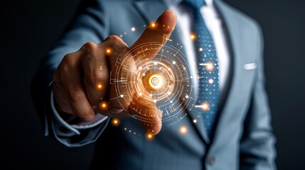 Futuristic holographic security icons in large scale display with a shining, interactive touch