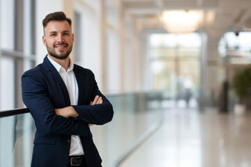 Mature adult businessman standing in the office hall. A man in a suit looking like a businessman or ceo manager