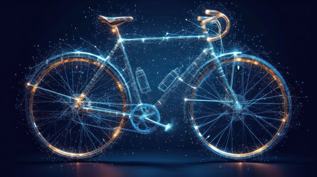  a blue bicycle with glowing lights on the front wheel and spokes on the back of the bike, on a dark background with a pattern of stars and sparkles.