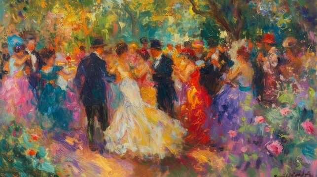 A lively garden party, capturing the movement and colors of people mingling and dancing - Impressionism