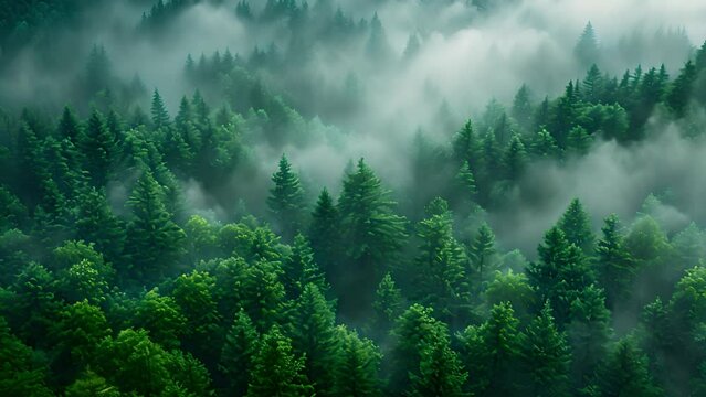 Mist moving between the trees ariel view. Rainy weather in mountains and forest. Misty fog blowing over pine tree forest. Aerial footage of spruce forest trees on the mountain hills at misty day. Morn