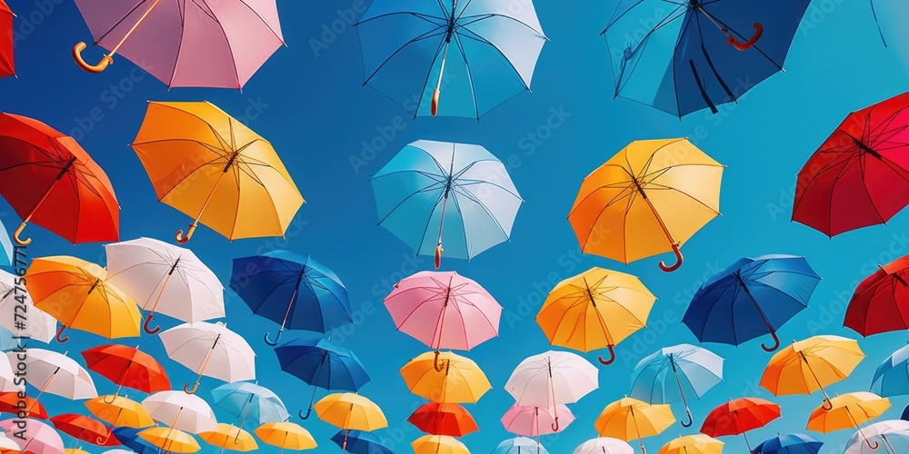 Poster A captivating image of a bunch of umbrellas soaring through the air. Perfect for adding a touch of whimsy to any project or design