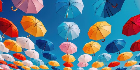 A captivating image of a bunch of umbrellas soaring through the air. Perfect for adding a touch of whimsy to any project or design
