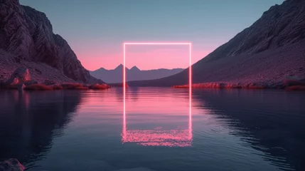 Foto op Canvas a neon square hovering over the middle of a lake with mountain in the back in a minimalistic setting © Elvin