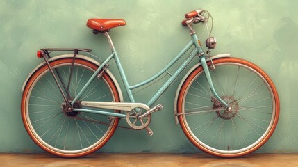  a blue bicycle leaning against a wall with a red seat on it's front wheel and a red seat on the back of the front of the bike, against a green wall.