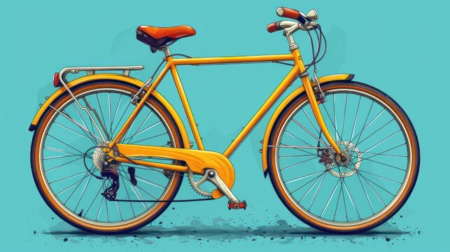  a painting of a yellow bicycle with a red seat and a red handlebar on the front wheel and the rear wheel of the bike with a red seat on a blue background.
