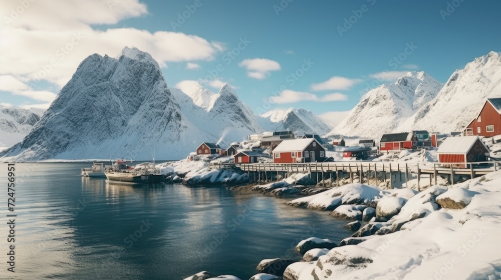 Poster a breathtaking view of a mountain range with a serene body of water in the foreground. perfect for t