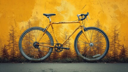  a bike leaning against a yellow wall in front of a row of pine trees in front of a grungy yellow wall with a rusted - out background.