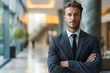 Fototapeta premium Mature adult businessman standing in the office hall. A man in a suit looking like a businessman or ceo manager
