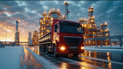 Petrol truck in Oil Refinery factory and petrochemical, Petroleum industry. Generative AI.