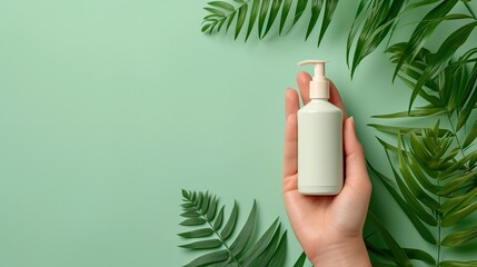 Concepto de una mano sosteniendo un producto cosmético vegano. Generado por IA.