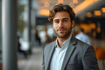 Obraz premium Mature adult businessman standing in the office hall. A man in a suit looking like a businessman or ceo manager