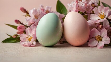 Colorful pastel Easter eggs with spring blossom flowers on soft background. Colored Pink Egg Holiday border. generative, ai.