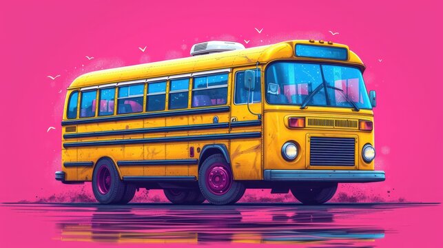  a painting of a yellow school bus on a pink background with a reflection of the bus in the water and birds in the sky on the right side of the bus.