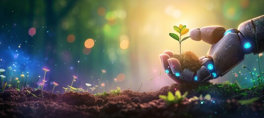 Robot hand holding young plant in green spring forest   sustainable agriculture and ai development