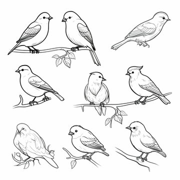 A group of birds is sitting on a branch. Sparrows, forest and country birds. Coloring book for drawing. Generative AI