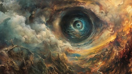 A swirling vortex in the eye of a giant, the landscape inside depicting a dreamscape filled with contradicting elements - Surrealism - obrazy, fototapety, plakaty