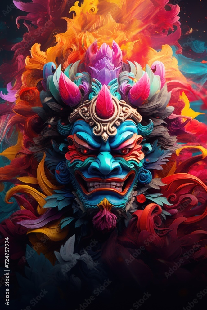 Poster a digital painting of a vibrant, colorful mask against a black background. ideal for adding a touch 