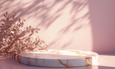 abstract background with marble podium and pink cherry blossoms