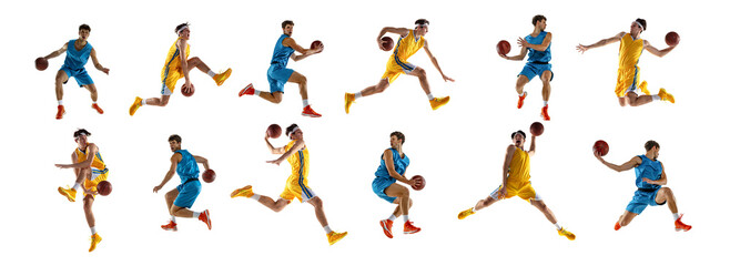Banner. Collage. Professional sportsmen, basketball players wearing blue and yellow uniform training against white background. Concept of sport, action, motion, movement, energy, active lifestyle. Ad