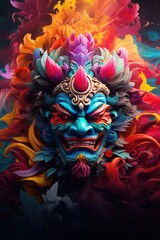 A digital painting of a vibrant, colorful mask against a black background. Ideal for adding a touch of color and mystery to your designs